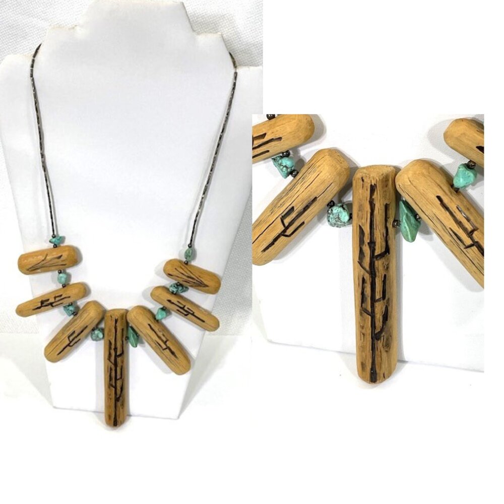 Silver, turquoise and carved wood statement necklace.